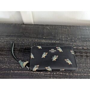 COACH F80307 Party Owl‎ Black Coated Canvas Long Zip Around Wallet Wristlet READ